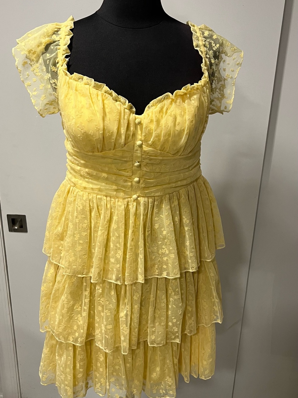 City Studio Yellow Tiered Lace Midi Dress